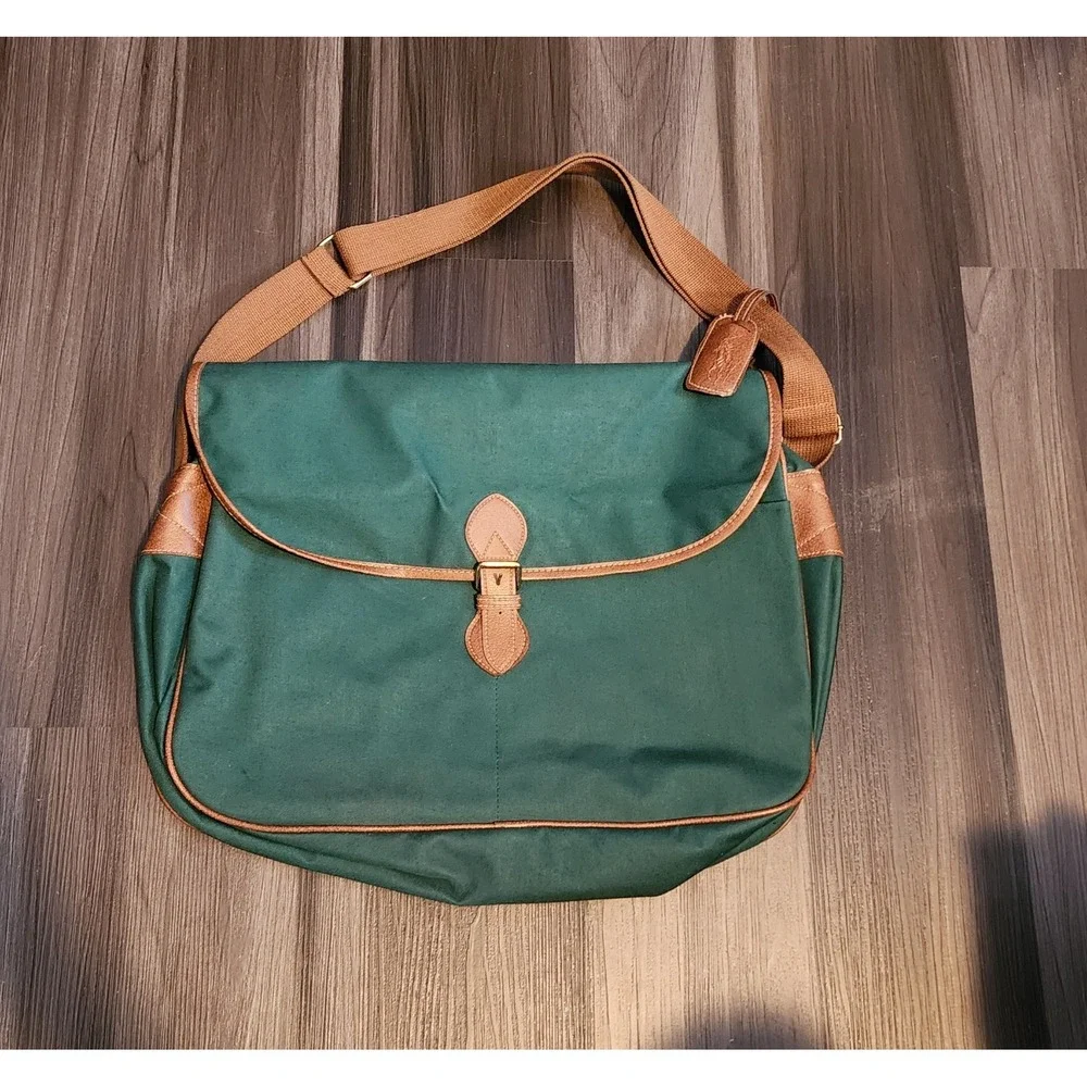 Polo Ralph Lauren VTG Green Messenger Bag Brown Leather Trim Shoulder Laptop Bag